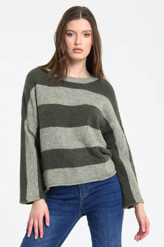 Khaki Sage Stripe Wool Blend Jumper - Liquorish
