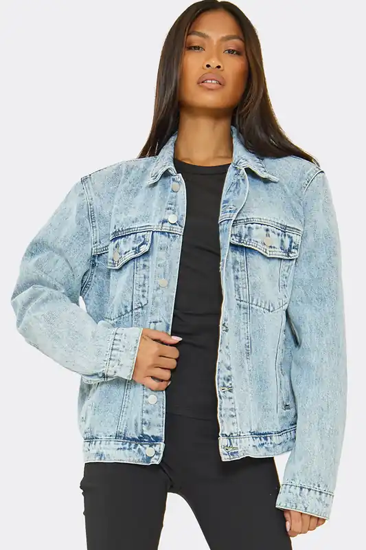 Boxy Long Sleeve Shoulder Pads Denim Jacket - EGO