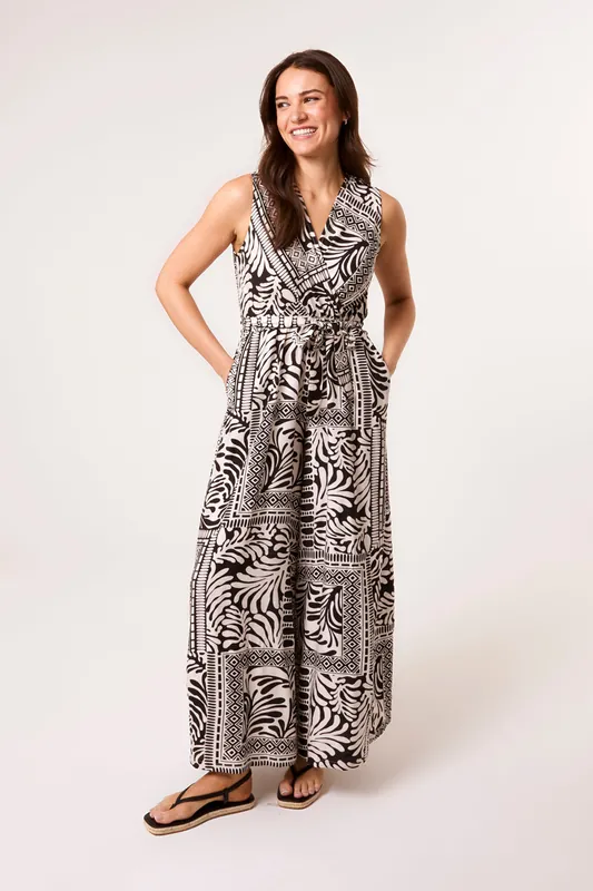 Black Sleeveless Leaf Print Jumpsuit - Blue Vanilla