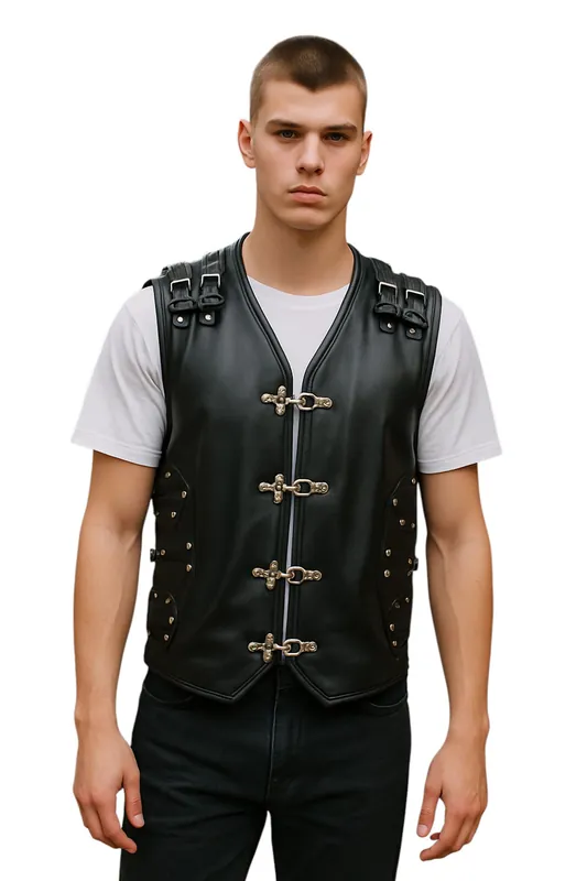 Biker Leather Waistcoat Metal Buckles Vest - Oudtshoorn