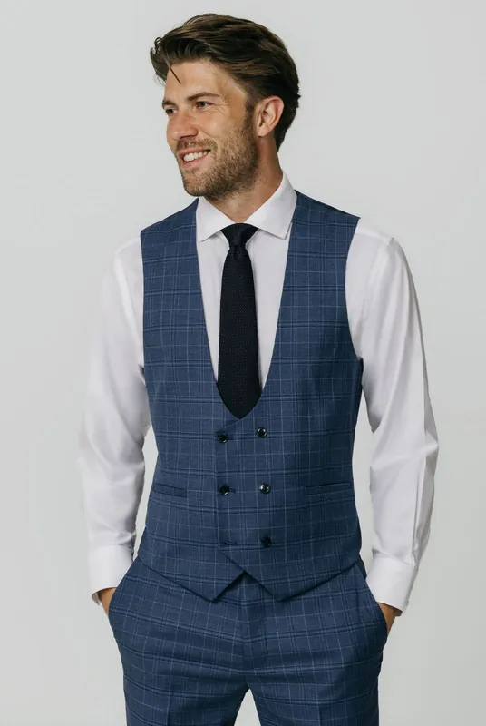 Blue Check Double Breasted Waistcoat - Dobell