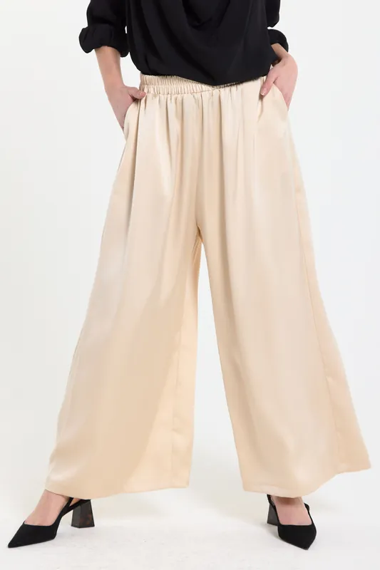 Beige Satin Wide Leg Trousers - Liquorish