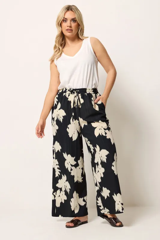 Floral Textured Wide Leg Trousers - Yours