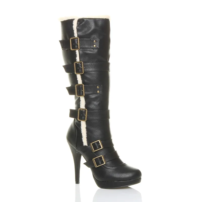 High Heel Aviator Shearling Trim Platform Calf Boots - AJVANI