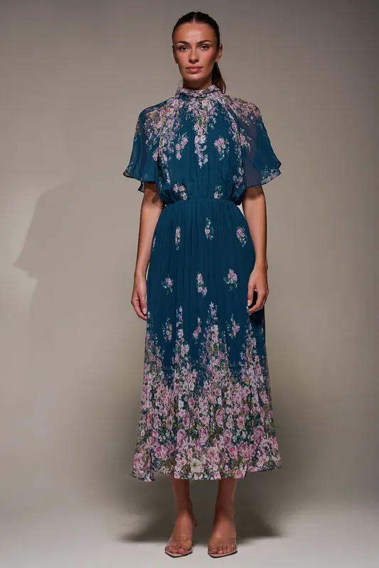 High Neck Short Sleeve Pleated Chiffon Dress - Jolie Moi