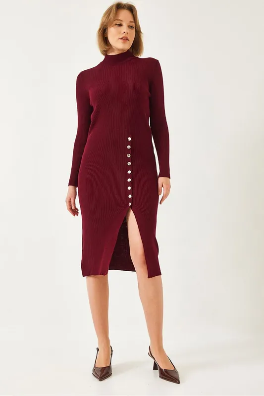 Ribbed Textured Turtleneck Midi Knitted Dress - Bianco Lucci