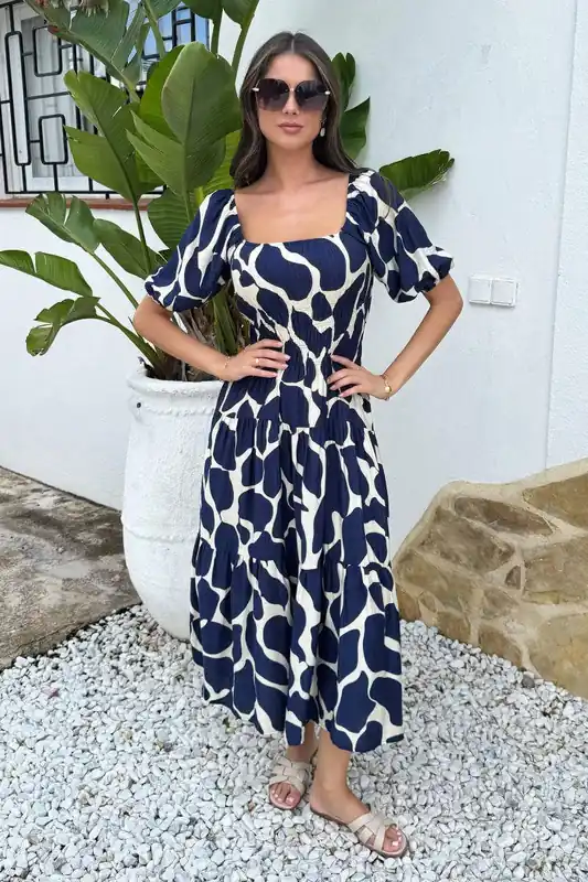 Navy and Cream Abstract Print Puff Sleeve Smock Midi Dress - AX Paris