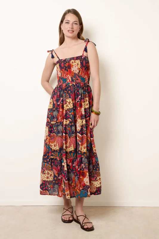 Navy Bold Print Shirred Waist Dress - Blue Vanilla