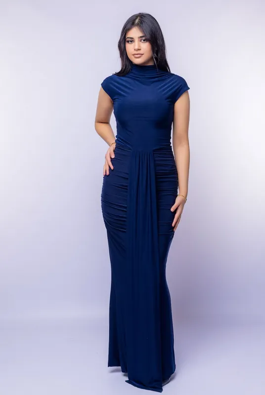 NAVY CAP SLEEVE JERSEY RUCHED WAIST MAXI STYLE EVENING GOWN - AVINCI