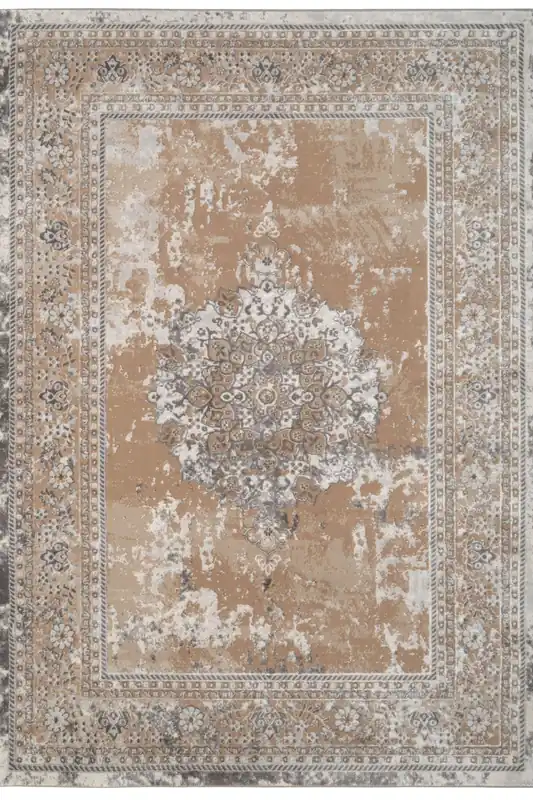 Warm Beige Distressed Traditional Medallion Bordered Rug - Kukoon