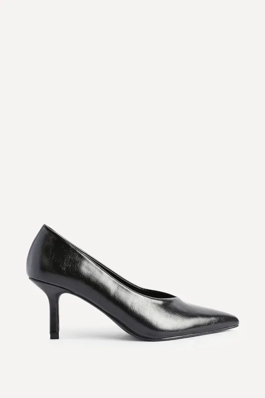 Bellamy Black Faux Leather V-Cut Vamp Court Heels