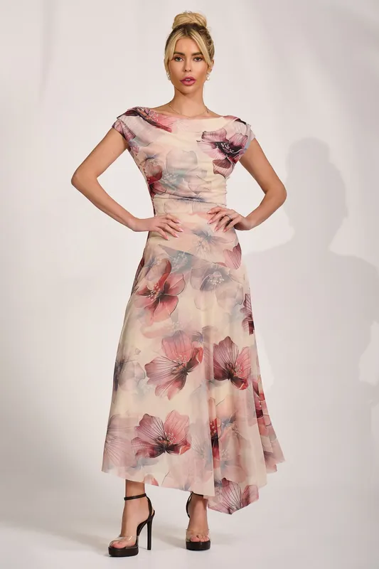 Asymmetrical Draped Mesh Maxi Dress - Jolie Moi