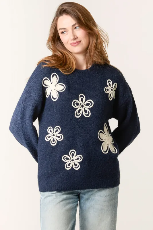 Navy Jumper With Embroidered Flowers - Blue Vanilla