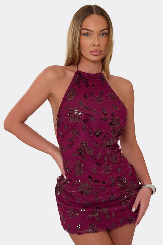 Sleeveless Tie Sequin Floral Mini Dress - EGO