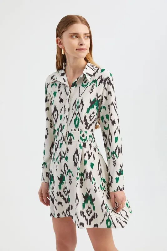 Abstract Polo Neck Long Sleeve Mini A-line Dress with a Button Detail