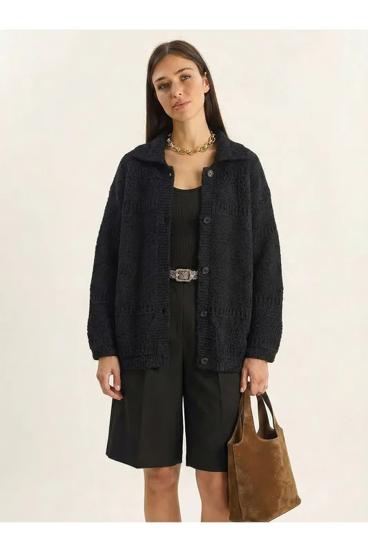 Textured Polo Collar Button Cardigan - Bianco Lucci
