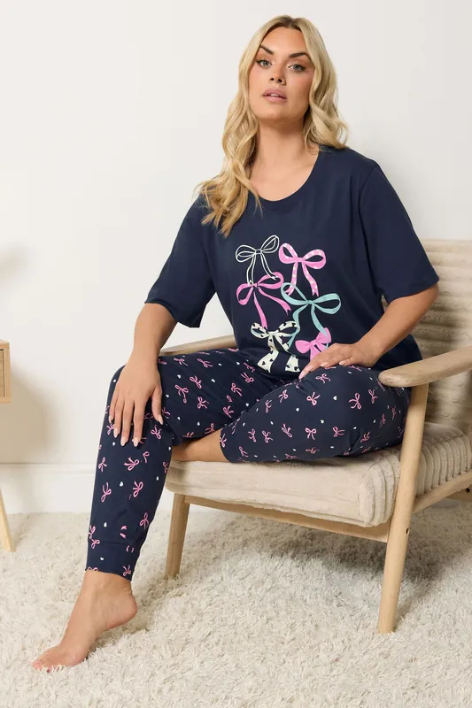 Bow Print Short Sleeve Pyjama Set - Yours