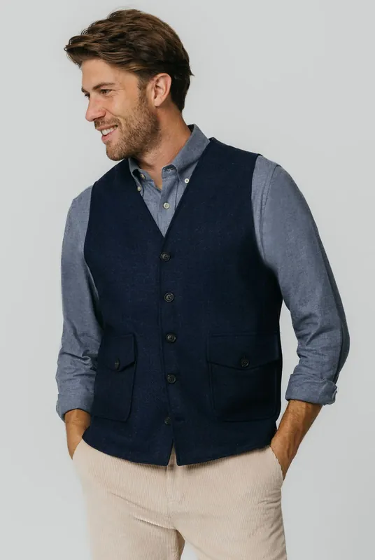 Navy Herringbone Tweed Waistcoat - Dobell