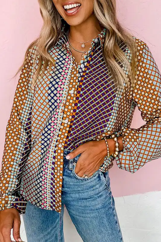 Brown Dot Print Long Sleeve Button Down Shift Shirt - Everyday The Label