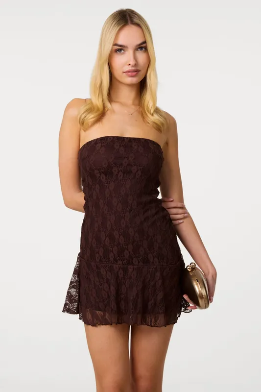 Brown Asym Lace Bandeau Dress - Pink Vanilla