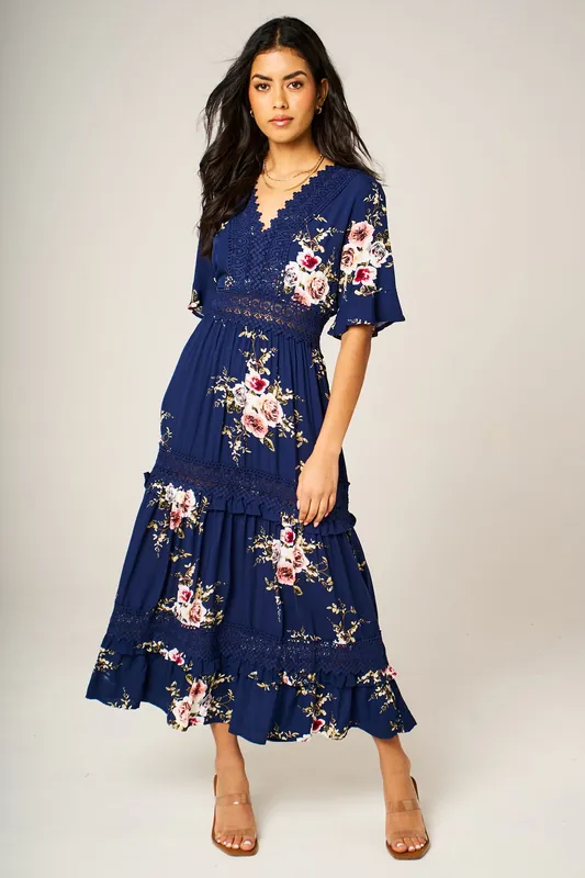 Romantic Floral Lace Midi Dress with Angel Sleeves In Navy - FS Collection