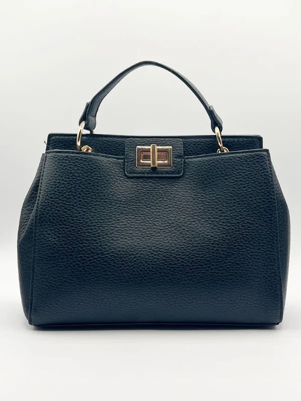 Black Faux Leather Handbag With Gold Trim - SVNX