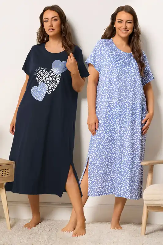 2 Pack Leopard Heart Midaxi Nightdresses - Yours