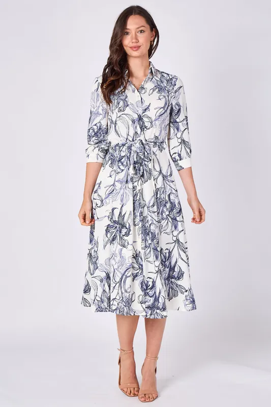 Navy Sketch Floral Half Sleeve Midi Shirt Dress - Love Sunshine
