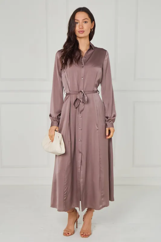 Dusty Rose Taupe Velvety Satin Maxi Shirt Dress - Love Sunshine