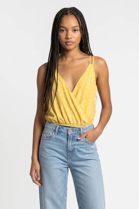 Yellow Double Cross Strap Wrap Ditsy Bodysuit - Pink Vanilla