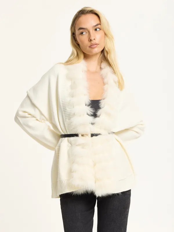 Ivory Faux Fur Trim Belted Cardigan - Liquorish