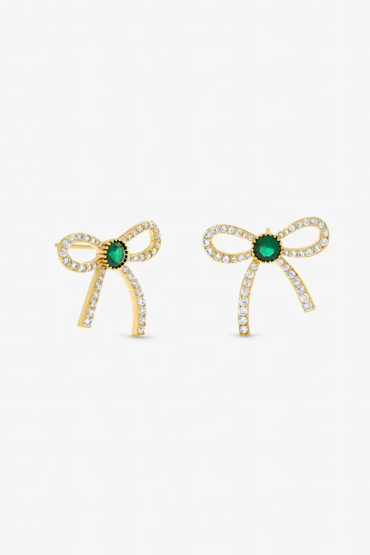 Gold Plated Crystal and Emerald Bow Stud Earrings - Jon Richard