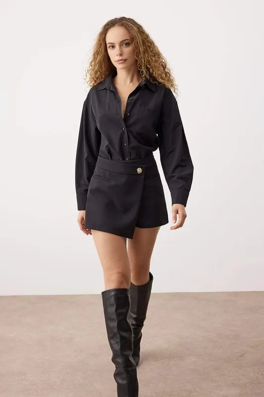 Wrap Front Mini Skort with Button Detail - WOVCOR