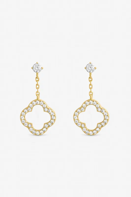 Gold Plated and Crystal Open Clover Drop Earrings - Jon Richard