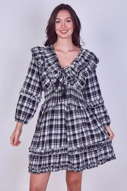 Frill Detail Check Smock Dress - ELAINA FASHION