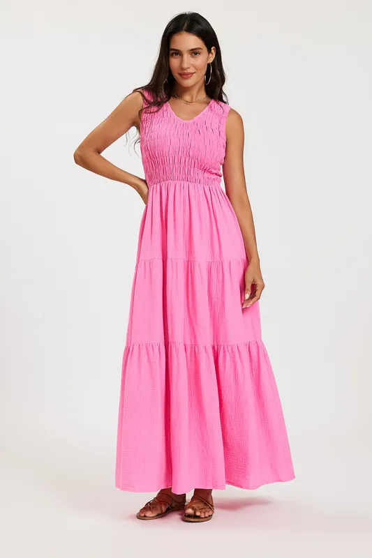 Shirred Tiered Maxi Dress with Sleeveless V-Neck