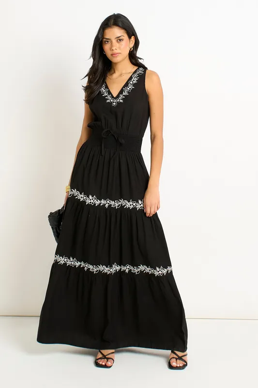 Black Floral Embroidery Tiered Maxi Dress - Gini London