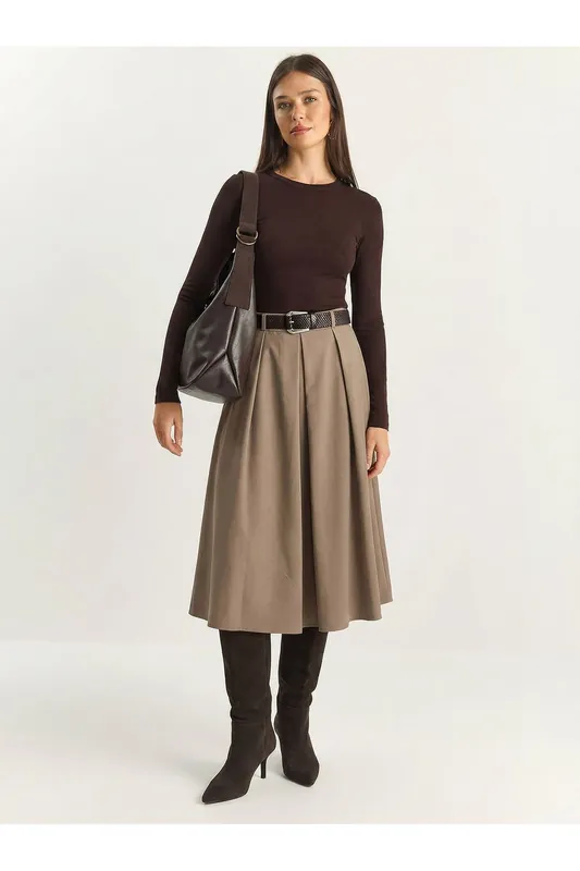High Waist Midi Skirt with Belt - Bianco Lucci