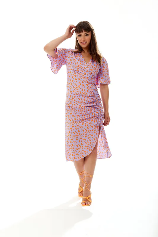 Midi Wrap Dress With Cheetah Print In Lilac and Orange - Liquorish