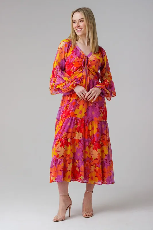 Floral Long Flared Sleeve V-Neck Tie Midi Dress