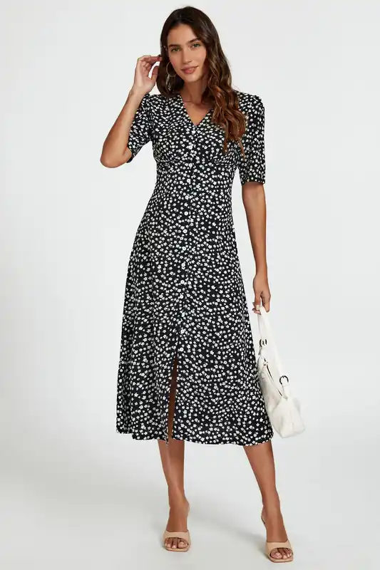 Black Little Floral Print Midi Dress with Front Button Closure - FS Collection