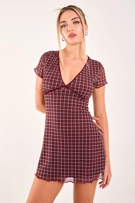 Check Cap Sleeve Mini Dress - Pink Vanilla