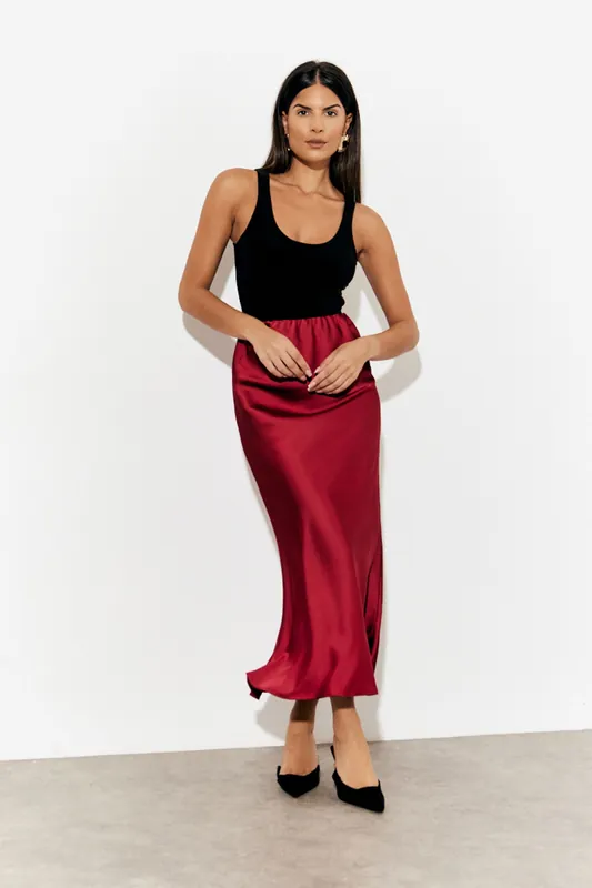 Burgundy Satin Midaxi Skirt - In The Style