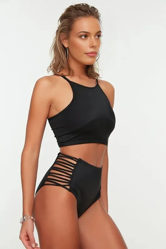 Strappy Side Super High Waist Bikini Bottom with Cut Out Detail - WOVCOR