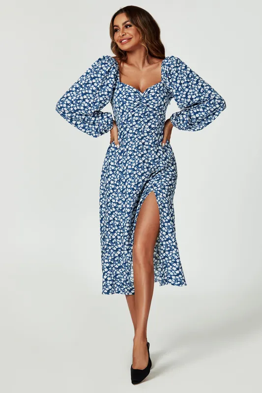 Floral Print Long Sleeve Heart Neckline Midi Dress In Blue - FS Collection