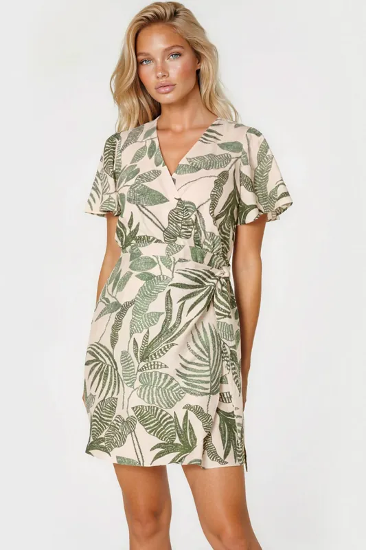 Leaf Print Wrap Front Mini Dress - Aftershock London