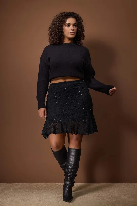 High Waist Embellished Mini Skirt with Ruffle Hem Detail - WOVCOR