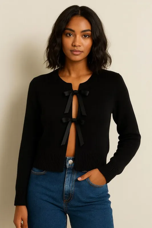 Knitted Lace-Up Front Long Sleeve Cardigan