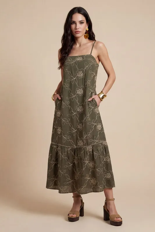 Embroidered Maxi Dress Khaki - Urban Bliss