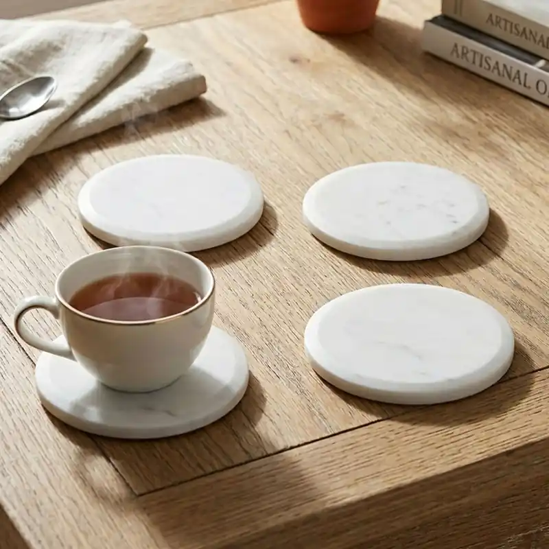 Set Of Four Round White Marble Coasters, Durable Natural Stone Coasters For Home - Orsina